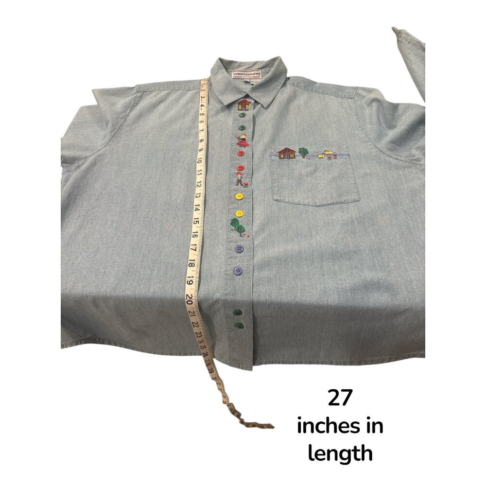 Vintage 1990s Westbound Petites Chambray Embroidered Button Down Shirt M - Picture 8 of 9